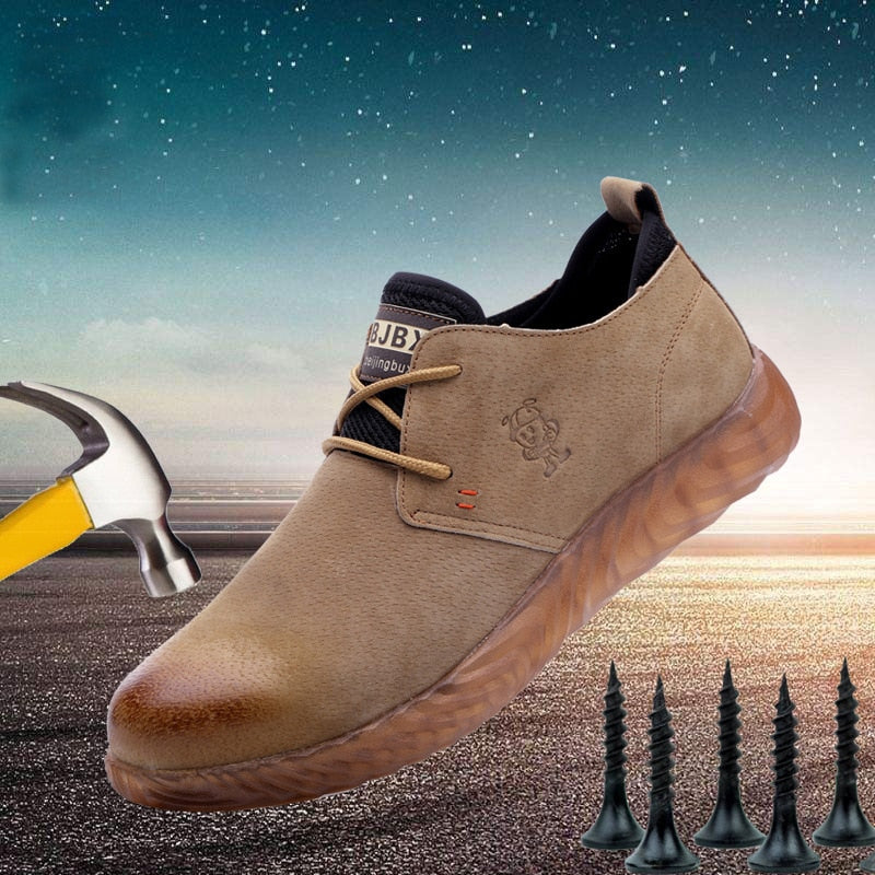 Men's Breathable Cow Suede Leather Steel Toe Work Boots Shoes Men Anti-slip Puncture Proof Safety Shoes