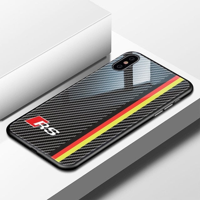 Luxury Motorsport AMG Carbon Fiber Phone Case For iphone X 6 S 6S 7 8 RACING SPORT RS Tempered Glass Racing Car BMW Cover Coque