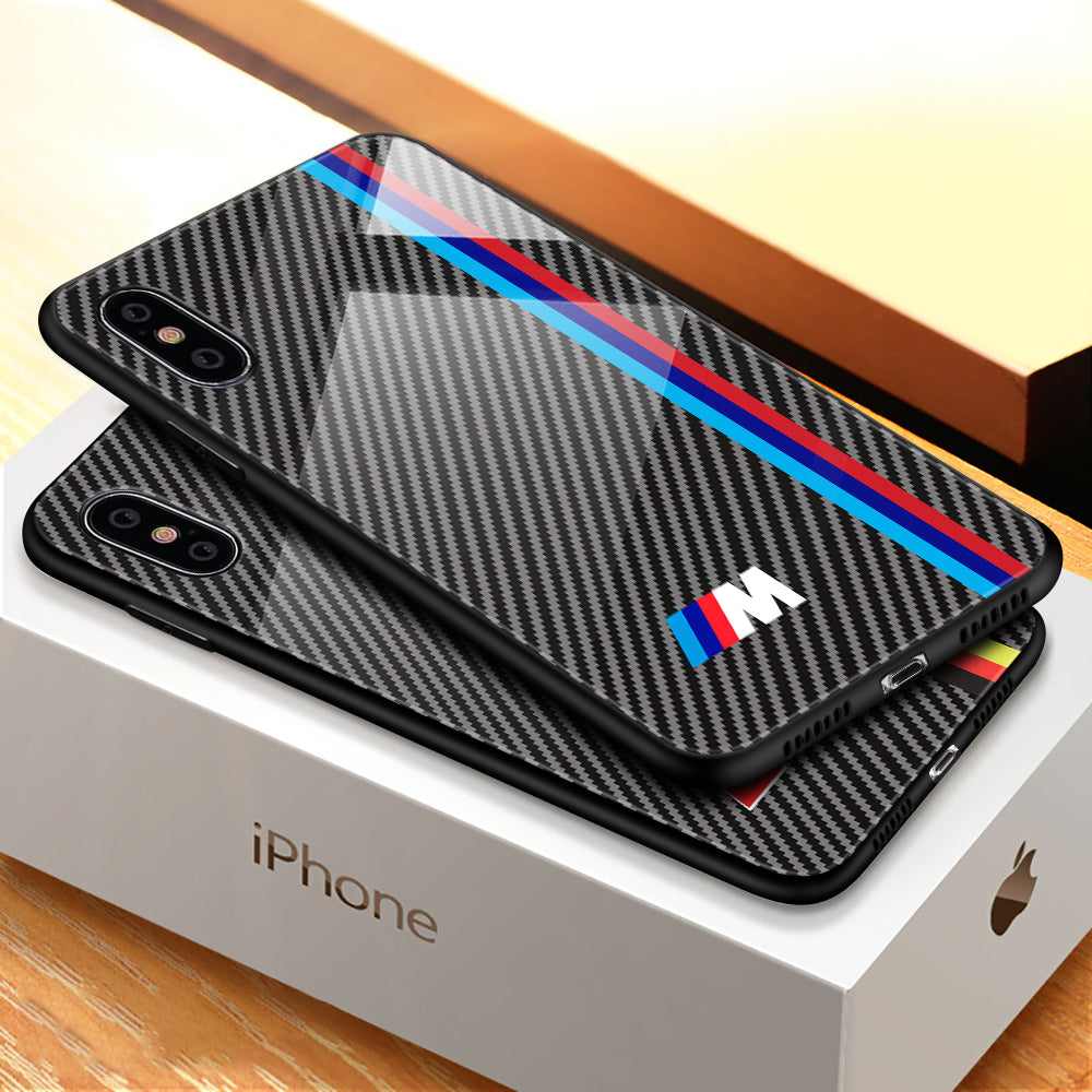 Luxury Motorsport AMG Carbon Fiber Phone Case For iphone X 6 S 6S 7 8 RACING SPORT RS Tempered Glass Racing Car BMW Cover Coque