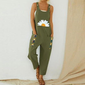 Women Print Cotton Linen Retro Jumpsuit 2020 Summer Elegant Button Strappy Backless Bodysuit Sexy Pocket Loose Trousers Romper