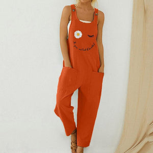 Women Print Cotton Linen Retro Jumpsuit 2020 Summer Elegant Button Strappy Backless Bodysuit Sexy Pocket Loose Trousers Romper