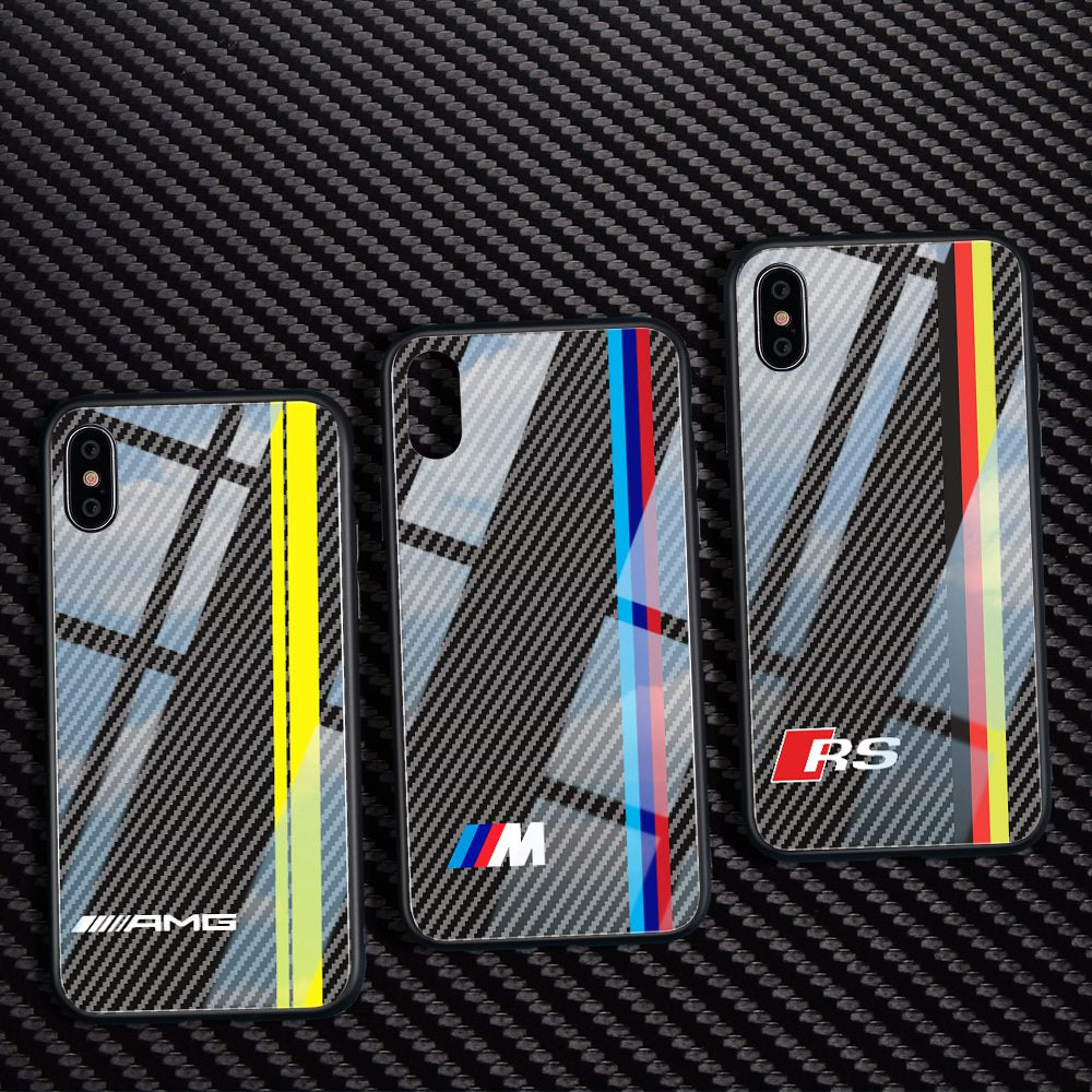 Luxury Motorsport AMG Carbon Fiber Phone Case For iphone X 6 S 6S 7 8 RACING SPORT RS Tempered Glass Racing Car BMW Cover Coque