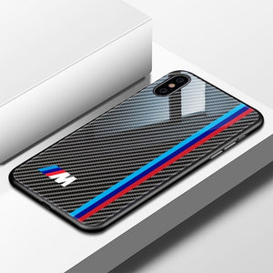 Luxury Motorsport AMG Carbon Fiber Phone Case For iphone X 6 S 6S 7 8 RACING SPORT RS Tempered Glass Racing Car BMW Cover Coque