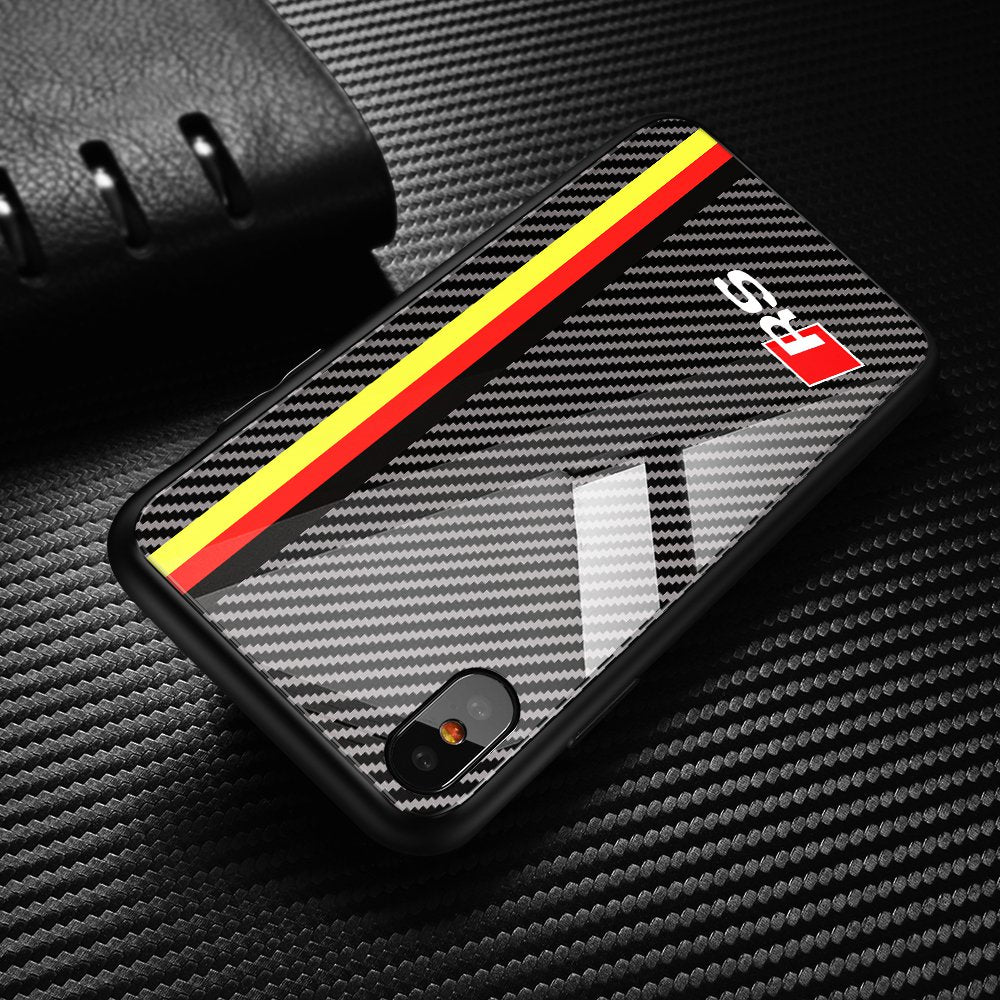 Luxury Motorsport AMG Carbon Fiber Phone Case For iphone X 6 S 6S 7 8 RACING SPORT RS Tempered Glass Racing Car BMW Cover Coque