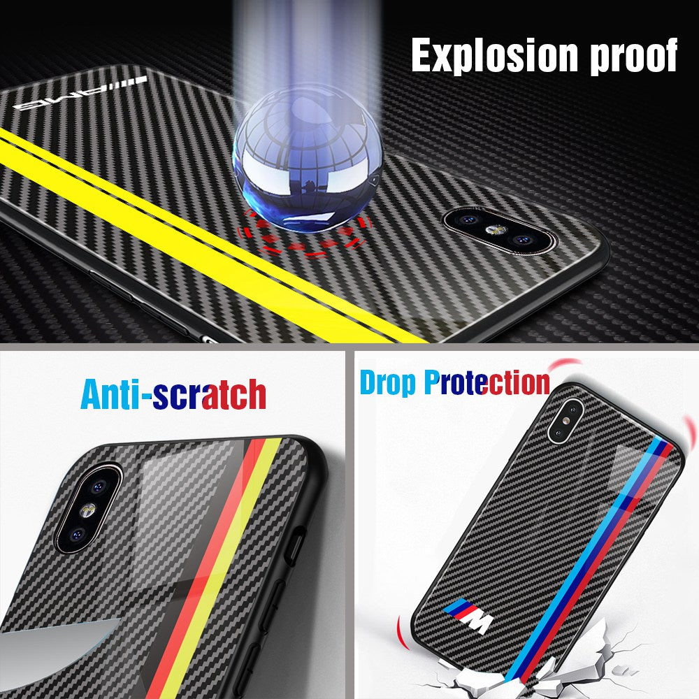 Luxury Motorsport AMG Carbon Fiber Phone Case For iphone X 6 S 6S 7 8 RACING SPORT RS Tempered Glass Racing Car BMW Cover Coque