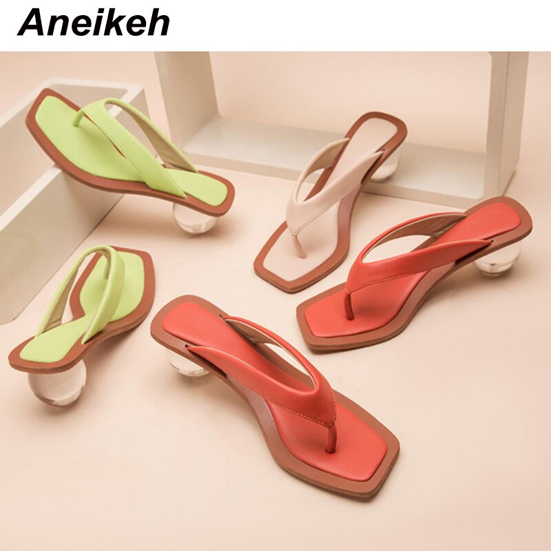Aneikeh 2020 Women Sandals Clear Transparent Med Heel Round Heel Shoes Open Toed Slipper Sandals For Party Shoes Women Pumps 43