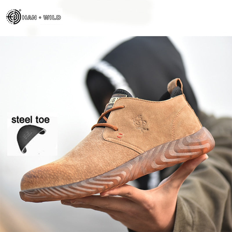 Men's Breathable Cow Suede Leather Steel Toe Work Boots Shoes Men Anti-slip Puncture Proof Safety Shoes