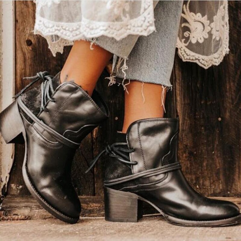 Ankle Boots Plus Size Women Retro High Heels Block Heel Shoes For Female Flock Buckle Strap Short boots woman shoes