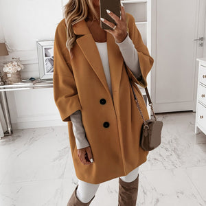 Autumn and Winter Three-Quarter Sleeve Vintage long coat women 2020 Elegant V-Neck Button Lapel Pocket Woolen Coat Women's