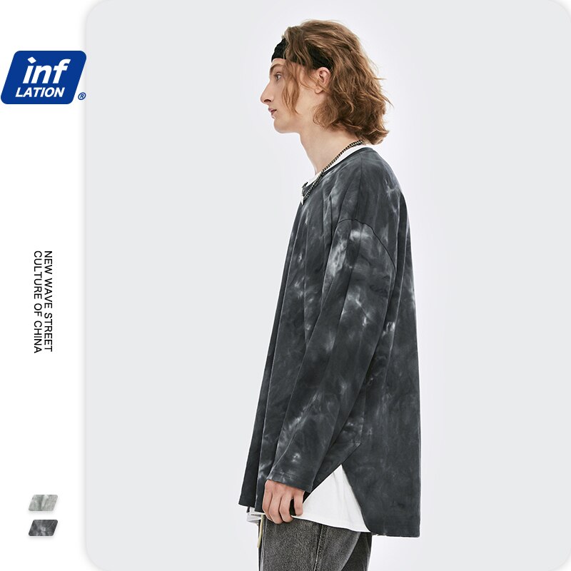 INFLATION Tie Dyed Long Sleeve T-shirt For Men Streetwear 2020 Autumn Loose Hip Hop T-shirt Men Cotton Oversized T-shirt 1904W