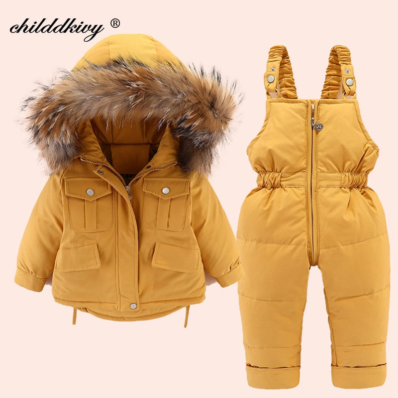 2 pièces ensemble bébé fille hiver doudoune et combinaison pour enfants épaissir chaud fourrure col veste pour filles infantile snowsuit 0-4Year
