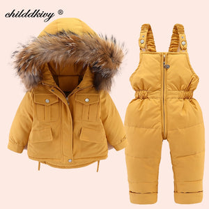 2 pièces ensemble bébé fille hiver doudoune et combinaison pour enfants épaissir chaud fourrure col veste pour filles infantile snowsuit 0-4Year