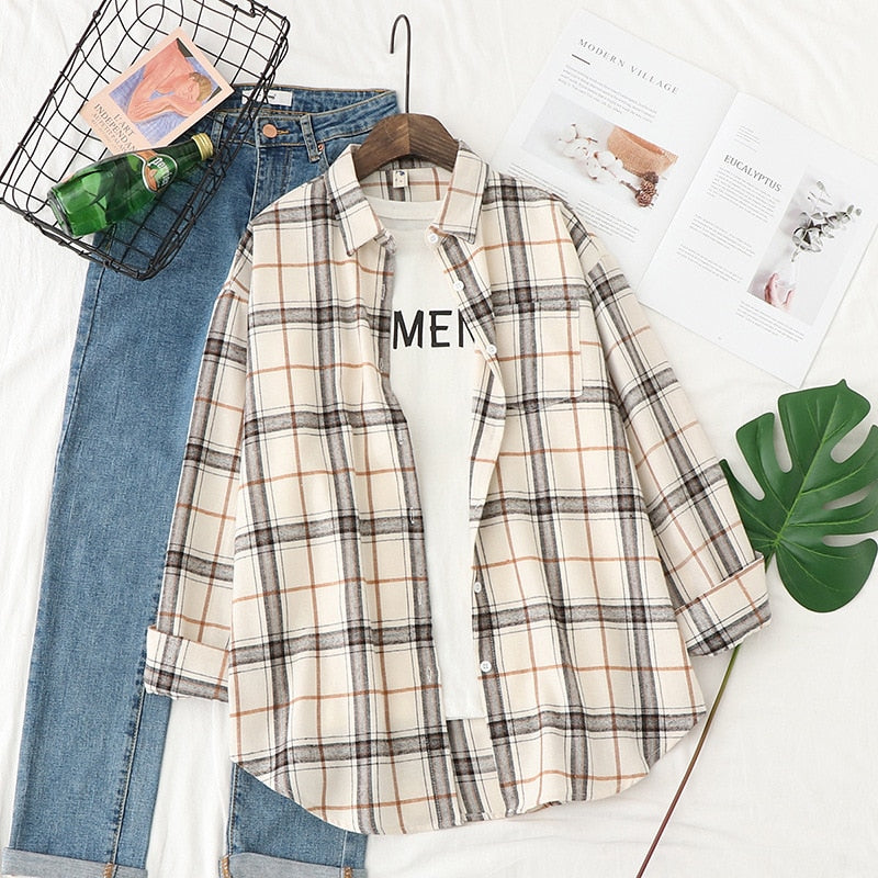 Plaid Shirts Womens Blouses Long Sleeve Lady Checked Tops Loose Female Outwear Casual Clothes Spring Autumn News