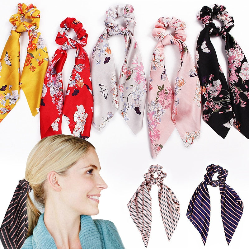 Floral Satin Scrunchies Women Elastic Hair Bands Ties Scarf Woman Scrunchy Hairbands Turban Head Wrap Hair Accessories Headwear