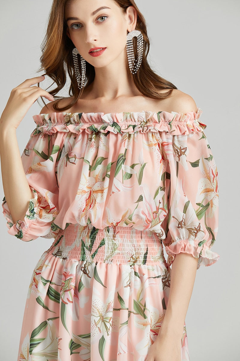 Runway Summer Vacation Dress Women Elegant Slash Neck Off Shoulder Tulip Floral Print Bohemian Lady Long Maxi Dress N7397
