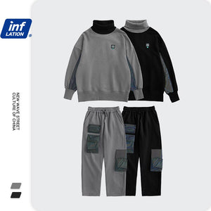 INFLATIONLaser Reflective Patched Hip Hop Tracksuit Men Streetwear High Collar Sweatshirt And Sweatpant Set Men Two Piece Outfit