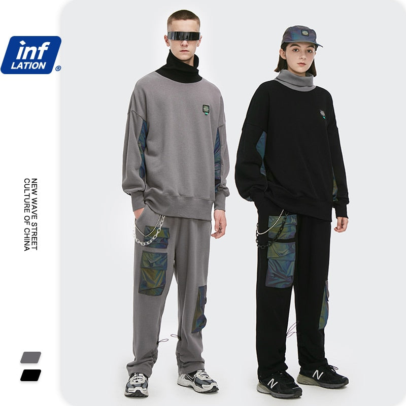 INFLATIONLaser Reflective Patched Hip Hop Tracksuit Men Streetwear High Collar Sweatshirt And Sweatpant Set Men Two Piece Outfit