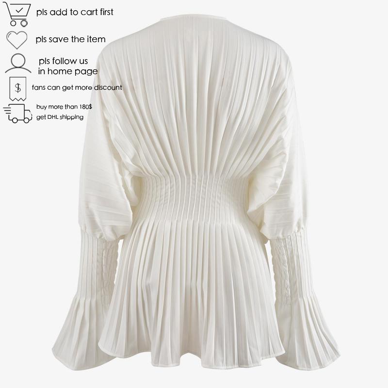 GetSpring Women Blouse Elegant Printed Women Shirts Pleated Long Sleeve V Neck White Shirt Ladies Tops Fashion Printed Blouses