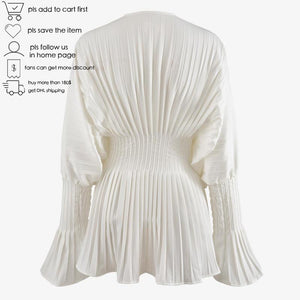 GetSpring Women Blouse Elegant Printed Women Shirts Pleated Long Sleeve V Neck White Shirt Ladies Tops Fashion Printed Blouses