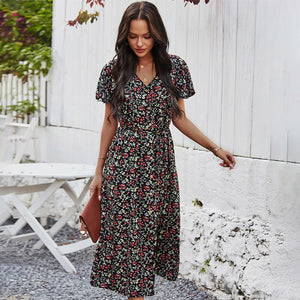 2021 Green Floral Print Ruffles Summer Dress Women Casual V-neck Button Sashes Dress Ladies Holiday Beach Sundresses Vestidos