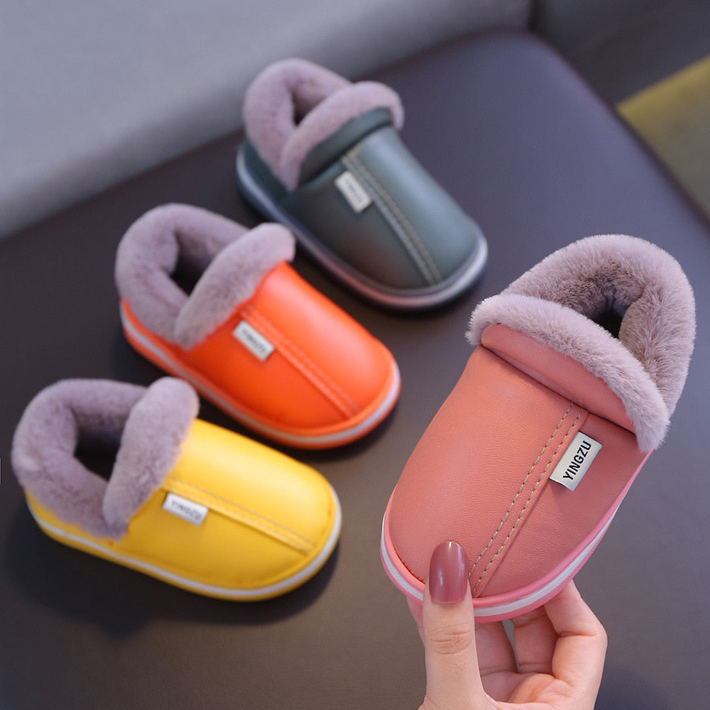 Winter Children Warm Shoes For Boy Girl Cotton Slippers PU Leather Baby Kid Indoor Cotton Shoes Fashion Home Hairy Casual Shoes