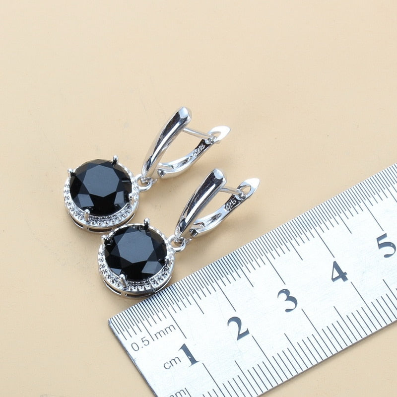 2020 New 925 Silver Wedding Jewelry Sets Black Zircon Dangle Earrings and Necklace Ring 3 piece Set women Trendy Costume