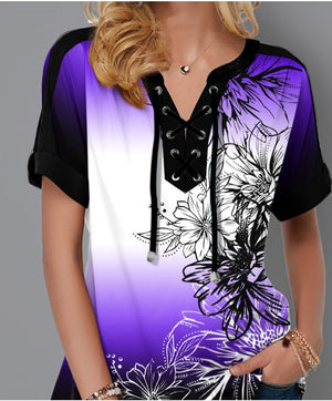 Plus Size 4xl 5x Pullovers Blouse shirt Boho Print Lace Splice Women's Tops V-neck Loose 2020 Casual Summer New Female Tee Shirt