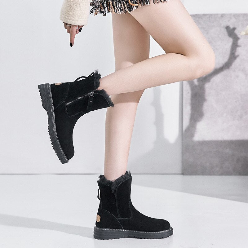 2020  Genuine Leather Winter Zipper Fur Warm Plush Ankle Snow Boots With Platform Low Heels Short Booties Women Flat Shoes