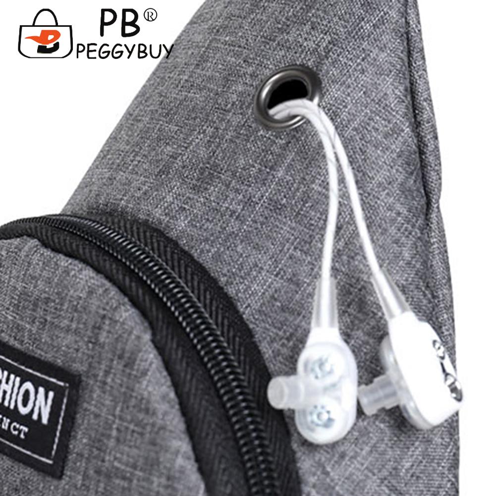 Fashion Men Solid Color Shoulder Crossbody Chest Bag with Earphone Hole Portable Nylon Travel Large Capacity Zipper Handbags