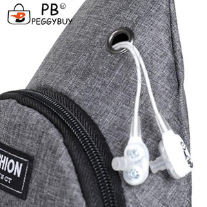 Fashion Men Solid Color Shoulder Crossbody Chest Bag with Earphone Hole Portable Nylon Travel Large Capacity Zipper Handbags