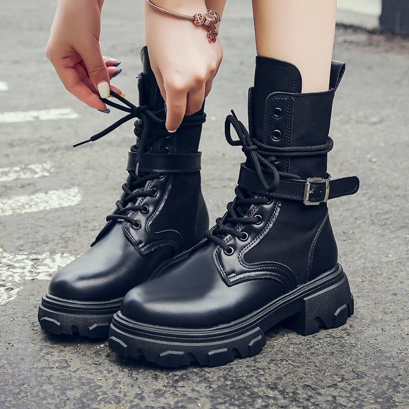 Women Combat Boots 2020 Autumn Female Platform Gothic Shoes Black Leather Boots Women Fashion Mid Calf Boots