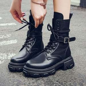 Women Combat Boots 2020 Autumn Female Platform Gothic Shoes Black Leather Boots Women Fashion Mid Calf Boots