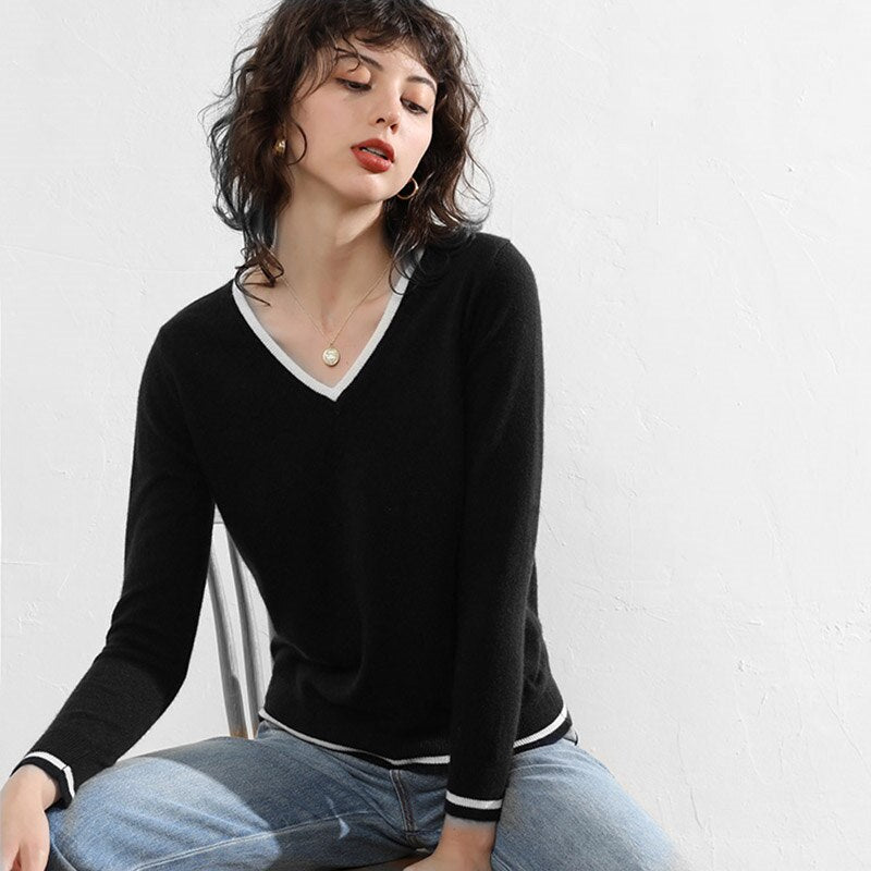 Hit Color Cashmere Cotton Blended V-Neck Sweater Women 2020 Autumn Winter Knitwear Jumper Pull Femme Pullover Sweater