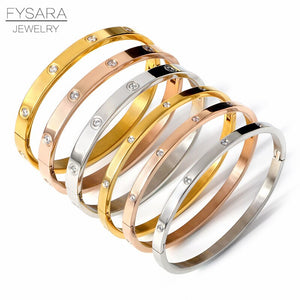 FYSARA Luxury Brand Crystals Lover Bangles Cubic Zirconia Bracelets Couple Luxuxy Jewelry Stainless Steel Bangles For Women Gift