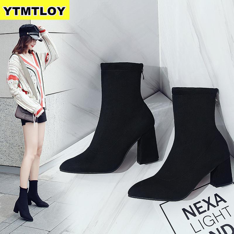 Fashion Women Ankle Boots Thick Heels Shoes Female Newest Pointed Toe Ladies Shoe Brand 2020 Boot Woman Zipper Super High