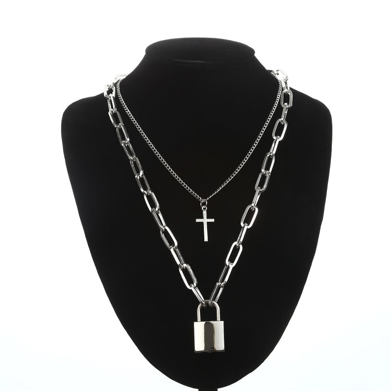 Double layer Lock Chain necklace grunge punk 90s link chain silver color padlock pendant necklace women aesthetic egirl jewelry
