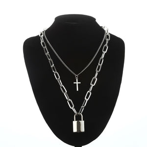 Double layer Lock Chain necklace grunge punk 90s link chain silver color padlock pendant necklace women aesthetic egirl jewelry