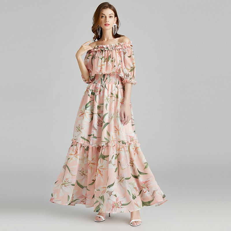 Runway Summer Vacation Dress Women Elegant Slash Neck Off Shoulder Tulip Floral Print Bohemian Lady Long Maxi Dress N7397