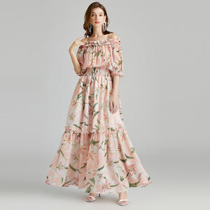 Runway Summer Vacation Dress Women Elegant Slash Neck Off Shoulder Tulip Floral Print Bohemian Lady Long Maxi Dress N7397