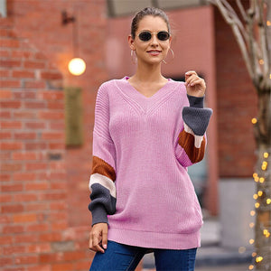 Autumn Striped Patchwork Sweater Women Casual Long Sleeve Pullover Fashion Color Block Loose Knitted Sweater Femme Chandails