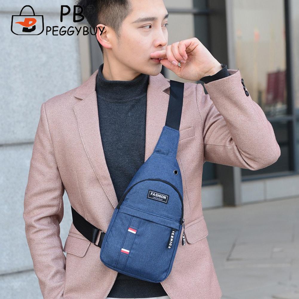 Fashion Men Solid Color Shoulder Crossbody Chest Bag with Earphone Hole Portable Nylon Travel Large Capacity Zipper Handbags