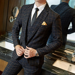 Men Slim Fit Plaid Suit 2pc set Male Wedding Groom Blazers Pants Man Formal Business Work Wear Suits Costume Homme