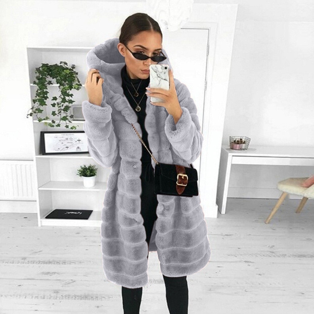 Winter Casual Solid Teddy Coat Women Long Sleeve Fleece Long Jacket Hooded Lamb Fur Coat Outerwear Fourrure #T2G