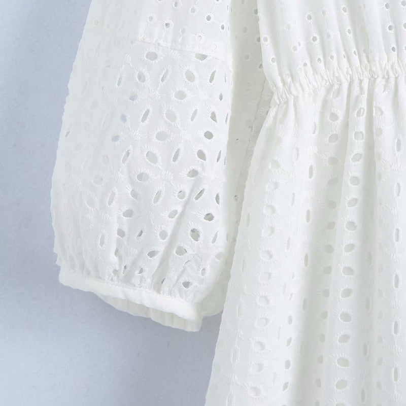 Women Summer ZA White V-Neck Dress 3/4 Sleeve Buttons Bow Tie Slim Casual Female Elegant Party A-Line Dresses Clothes Vestidos