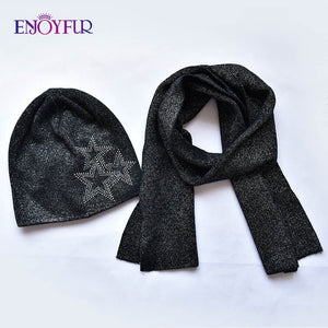 ENJOYFUR Fashion Soft Women Winter Autumn Hat And Scarf Set High Quality Female Warm Knitted Hat Scarves