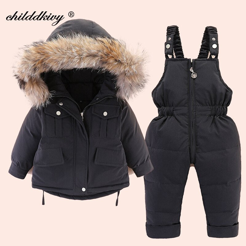 2 pièces ensemble bébé fille hiver doudoune et combinaison pour enfants épaissir chaud fourrure col veste pour filles infantile snowsuit 0-4Year