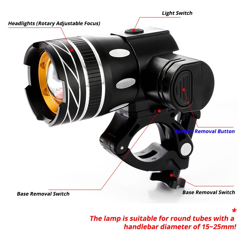 2400Mah LED Bicycle Light 2000 Lumen 3 Modes Bike Light USB Charge Aluminum Alloy Cycling Light Waterproof Bike Accessory