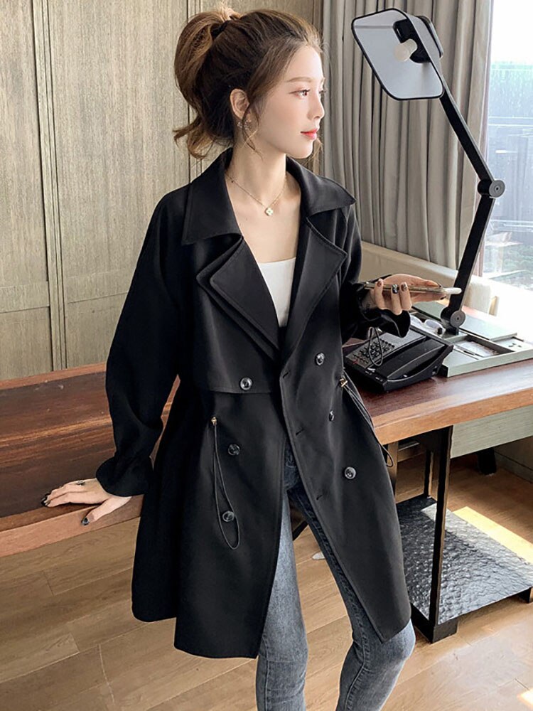 Trench coat women's long section small Korean version loose loose net red suit collar waist casual retro