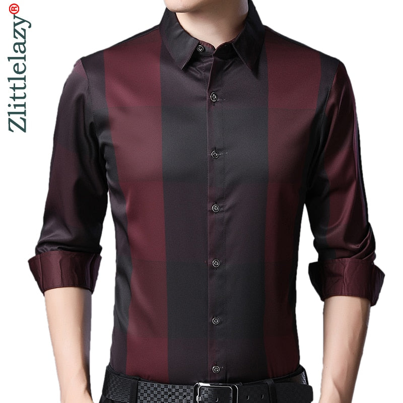 2020 Brand Casual Luxury Plaid Long Sleeve Slim Fit Men Shirt Streetwear Social Dress Autumn Shirts Mens Fashions Jersey 92339