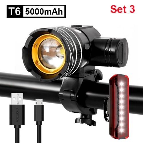NEWBOLER 5000mAh Bicycle Light Set T6 USB Rechargeable Battery Adjustable Zoom Bike Front Headlight Cycling Lamp with Taillight